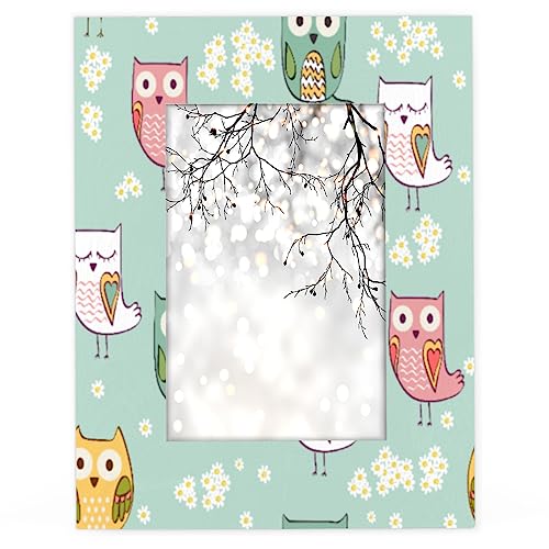 POFATO Cartoon Owl White Chrysanthemum 4x6 Picture Frame Wood Photo Frame for Tabletop Display Wall Mount Picture Frame Display 4x 6 Inch Photo Wall Decor Home Gift Frames