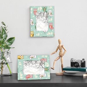 POFATO Cartoon Owl White Chrysanthemum 4x6 Picture Frame Wood Photo Frame for Tabletop Display Wall Mount Picture Frame Display 4x 6 Inch Photo Wall Decor Home Gift Frames