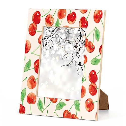 POFATO Cherry Fruit Pattern 4x6 Picture Frame Wood Photo Frame for Tabletop Display Wall Mount Picture Frame Display 4x 6 Inch Photo Wall Decor Home Gift Frames