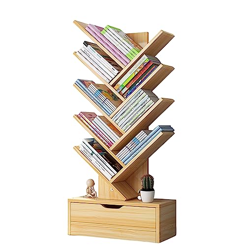 8 Tier Book Shelf 48 Inches Tall with Drawers, Kids Wood Bookshelf Modern Open Narrow for Books and Plants Display, Creative Tree Shape Etagere Bookcase for Bedroom, Living Room, Classroom Wooden Col