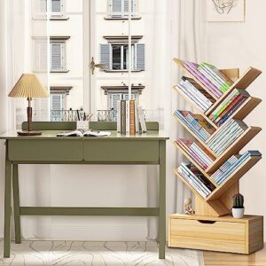 8 Tier Book Shelf 48 Inches Tall with Drawers, Kids Wood Bookshelf Modern Open Narrow for Books and Plants Display, Creative Tree Shape Etagere Bookcase for Bedroom, Living Room, Classroom Wooden Col