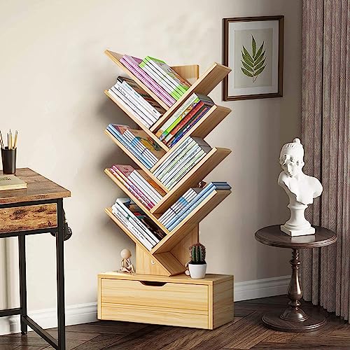 8 Tier Book Shelf 48 Inches Tall with Drawers, Kids Wood Bookshelf Modern Open Narrow for Books and Plants Display, Creative Tree Shape Etagere Bookcase for Bedroom, Living Room, Classroom Wooden Col