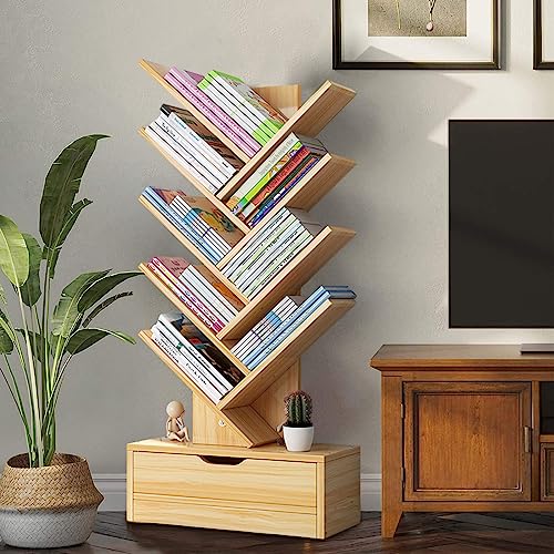 8 Tier Book Shelf 48 Inches Tall with Drawers, Kids Wood Bookshelf Modern Open Narrow for Books and Plants Display, Creative Tree Shape Etagere Bookcase for Bedroom, Living Room, Classroom Wooden Col