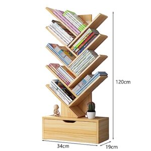 8 Tier Book Shelf 48 Inches Tall with Drawers, Kids Wood Bookshelf Modern Open Narrow for Books and Plants Display, Creative Tree Shape Etagere Bookcase for Bedroom, Living Room, Classroom Wooden Col