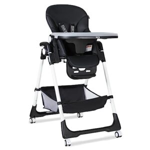 kinder king high chair for babies & toddlers, simple fold highchair w/large storage basket, adjustable height, recline & footrest, detachable double trays, 4 lockable wheels, easy to clean, black