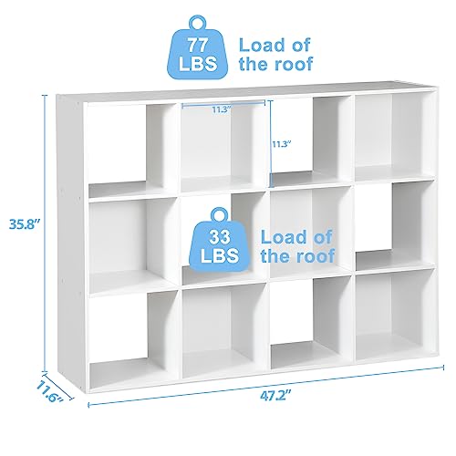 SUPER DEAL 12-Compartment Open Shelf Bookcase 47 inch Wide Bookshelves Wood Storage Organizer Display Cabinet with 6 Removable Back Panels for Living Room Bedroom, Vertical or Horizontal, White