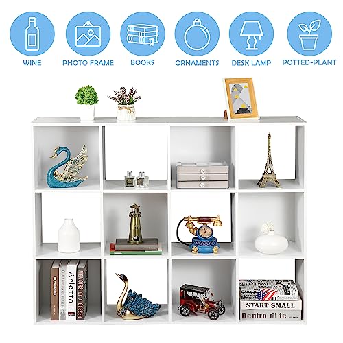 SUPER DEAL 12-Compartment Open Shelf Bookcase 47 inch Wide Bookshelves Wood Storage Organizer Display Cabinet with 6 Removable Back Panels for Living Room Bedroom, Vertical or Horizontal, White