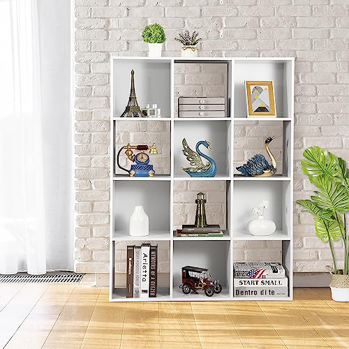 SUPER DEAL 12-Compartment Open Shelf Bookcase 47 inch Wide Bookshelves Wood Storage Organizer Display Cabinet with 6 Removable Back Panels for Living Room Bedroom, Vertical or Horizontal, White