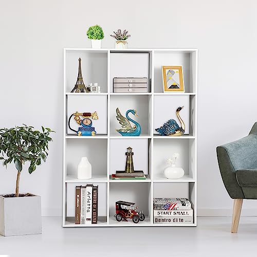 SUPER DEAL 12-Compartment Open Shelf Bookcase 47 inch Wide Bookshelves Wood Storage Organizer Display Cabinet with 6 Removable Back Panels for Living Room Bedroom, Vertical or Horizontal, White