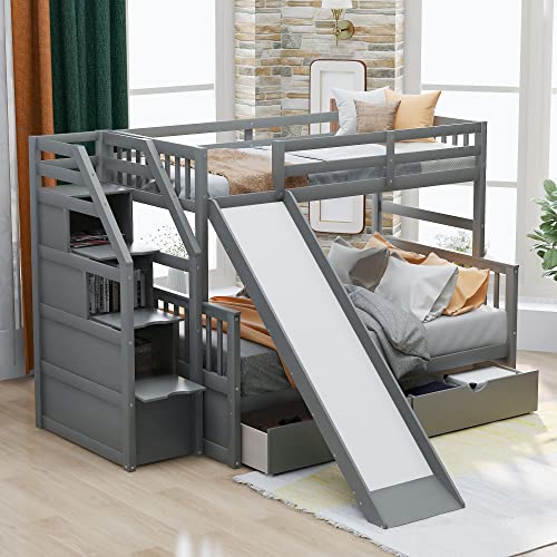 BIADNBZ Stairway Twin Over Full Bunk Bed with Convertible Slide and Stairs, Wooden Versatile Bunkbed w/Storage Drawers for Kids/Teens/Adults Bedroom, Gray