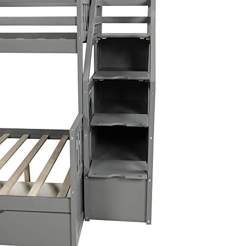 BIADNBZ Stairway Twin Over Full Bunk Bed with Convertible Slide and Stairs, Wooden Versatile Bunkbed w/Storage Drawers for Kids/Teens/Adults Bedroom, Gray