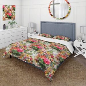 design art designart 'red yellow and pink flowers with green leaves' traditional duvet cover set king