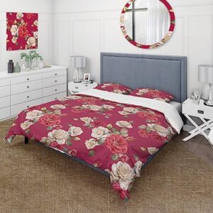 design art designart 'white roses pattern on red background' traditional duvet cover set king