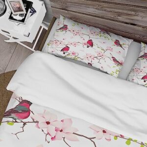 DESIGN ART Designart 'Red Bullfinches On Magnolia Tree' Traditional Duvet Cover Set Full/Queen Cover + 2 Shams 3 Piece