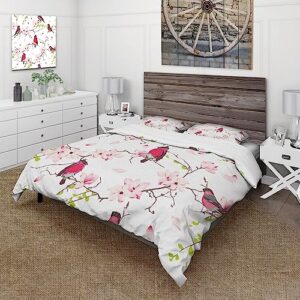 design art designart 'red bullfinches on magnolia tree' traditional duvet cover set full/queen cover + 2 shams 3 piece