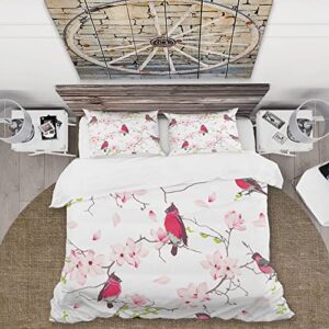 DESIGN ART Designart 'Red Bullfinches On Magnolia Tree' Traditional Duvet Cover Set Full/Queen Cover + 2 Shams 3 Piece