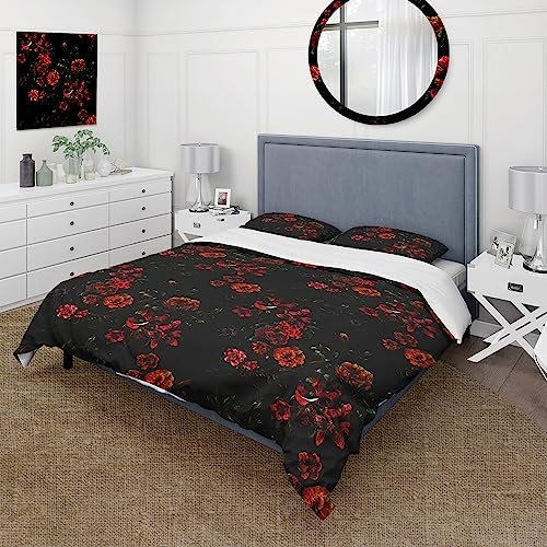 DESIGN ART Designart 'Grunge Red Summer Flowers On Black' Traditional Duvet Cover Set Full - Queen