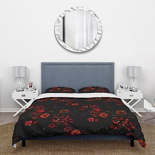 DESIGN ART Designart 'Grunge Red Summer Flowers On Black' Traditional Duvet Cover Set Full - Queen