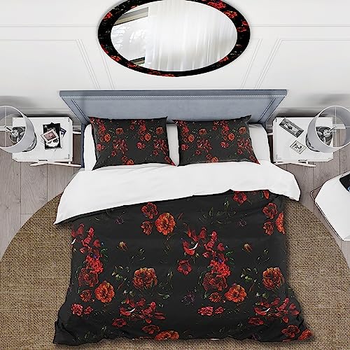 DESIGN ART Designart 'Grunge Red Summer Flowers On Black' Traditional Duvet Cover Set Full - Queen