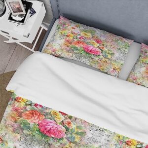 DESIGN ART Designart 'Red Yellow & Pink Flowers with Grunge Floral Background' Traditional Duvet Cover Set King