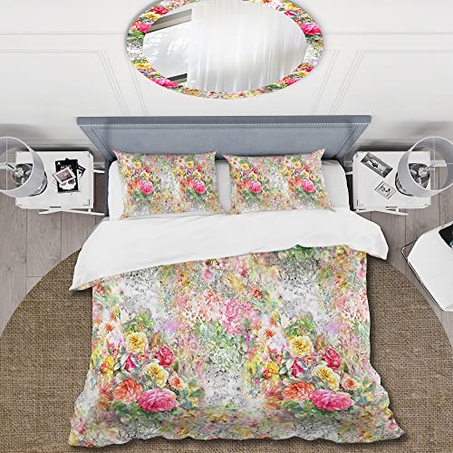 DESIGN ART Designart 'Red Yellow & Pink Flowers with Grunge Floral Background' Traditional Duvet Cover Set Full - Queen