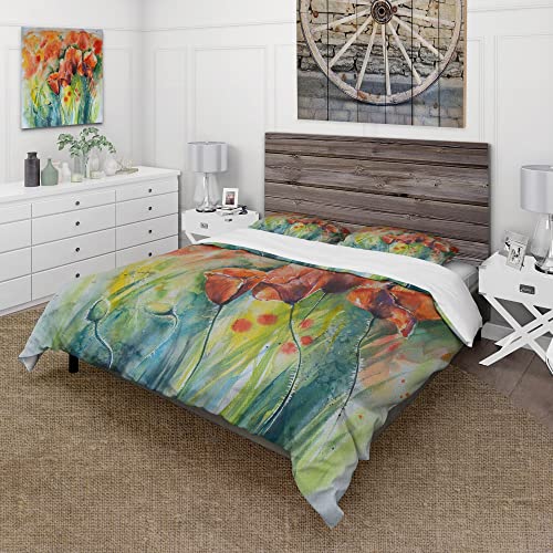 DESIGN ART Designart 'Red Blossoming Poppies V' Traditional Duvet Cover Set Full/Queen Cover + 2 Shams 3 Piece