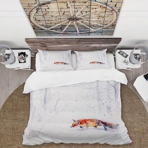 DESIGN ART Designart 'Red Fox Running in White Snow II' Farmhouse Duvet Cover Set King Cover + 2 King Shams 3 Piece