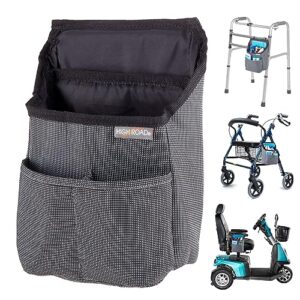 high road mobility scooter organizer, compact walker bag and wheelchair side bag with easy access pockets for adult daily living needs (gray check)