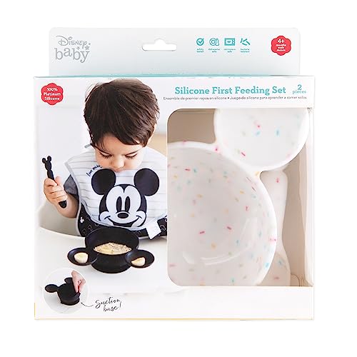 Bumkins Baby Bowls, Disney Mickey Mouse Silicone Baby Feeding Set, Suction Bowls for Baby and Toddler with Spoon, First Feeding Set, Platinum Silicone Bowl for Babies 4 Months