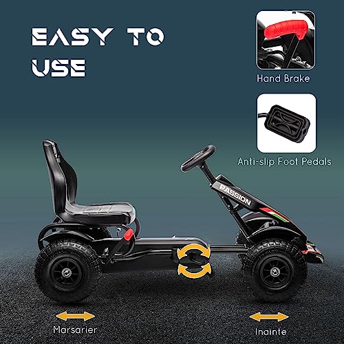 Aosom Kids Pedal Go Kart, Outdoor Ride on Toys with Adjustable Seat, Sharp Handling, Handbrake, 4 Non-Slip Rubber Wheels for Boys & Girls Aged 5-12 Years Old, Black