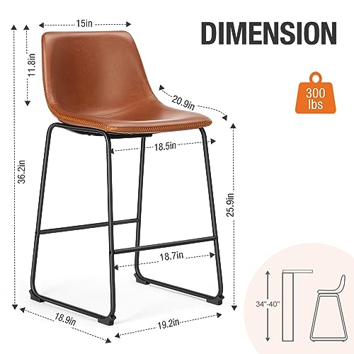Sweetcrispy Counter Height Bar Stools Set of 2, Leather Barstools Modern Bar Stools with Back, 26 inch Counter Stool Armless Bar Chairs with Metal Legs, Footrest