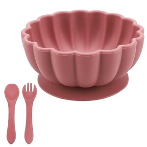 KOOTAU Silicone Baby Bowl with Suction and Spoon, Pink Toddler Self Feeding Bowl Set with Spoons and Fork for Baby