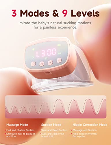 Electric Breast Pump, Hands Free Breast Pump for Breastfeeding Moms, Leak Proof Wearable Breast Pump, Breast Pump with 3 Modes, 9 Levels, Low Noise, Pain Free, USB C Charging