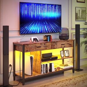 ironck tv stand for 55 inch tv, entertainment center with power outlet, led gaming industrial tv console with media storage shelf and 2 large drawers,for bedroom/living room, vintage brown