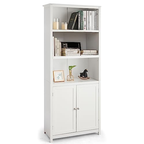 SILKYDRY Bookshelf with Storage Cabinet, 3-Tier Open Shelf, Standing Tall Bookcase with Double Doors, Anti-Tipping Device & Adjustable Shelves, Versatile Book Shelf for Home Office (White)