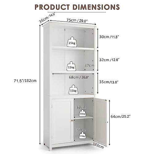 SILKYDRY Bookshelf with Storage Cabinet, 3-Tier Open Shelf, Standing Tall Bookcase with Double Doors, Anti-Tipping Device & Adjustable Shelves, Versatile Book Shelf for Home Office (White)