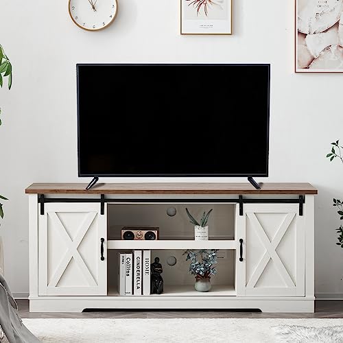 AMERLIFE 66" Farmhouse TV Stand for 75 Inches TVs, Entertainment Center with Sliding Barn Door and Adjustable Shelf & Feet, Console Table with Storage, Distressed White & Rustic