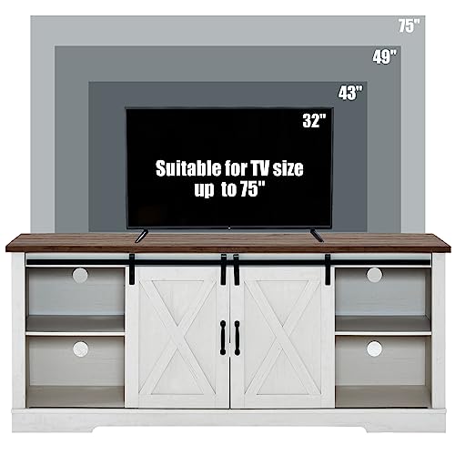 AMERLIFE 66" Farmhouse TV Stand for 75 Inches TVs, Entertainment Center with Sliding Barn Door and Adjustable Shelf & Feet, Console Table with Storage, Distressed White & Rustic