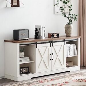 AMERLIFE 66" Farmhouse TV Stand for 75 Inches TVs, Entertainment Center with Sliding Barn Door and Adjustable Shelf & Feet, Console Table with Storage, Distressed White & Rustic
