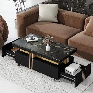 merax contemporary coffee table with faux marble tabletop, caster wheels, and gold metal bars for living room, 39.3 inch length, black