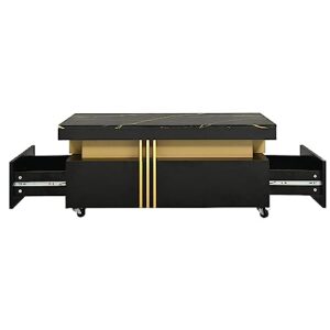 Merax Contemporary Coffee Table with Faux Marble Tabletop, Caster Wheels, and Gold Metal Bars for Living Room, 39.3 inch Length, Black