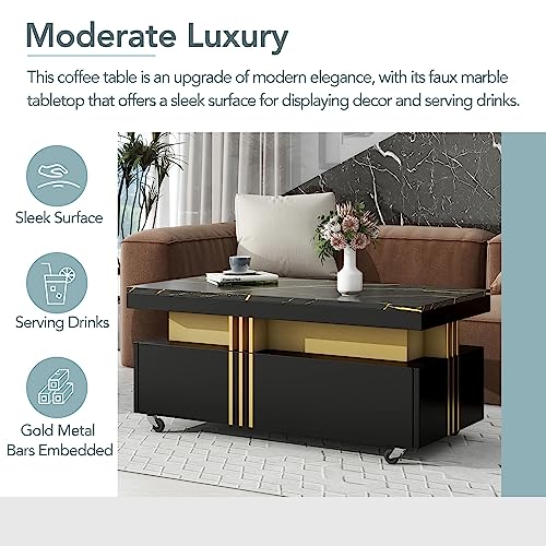 Merax Contemporary Coffee Table with Faux Marble Tabletop, Caster Wheels, and Gold Metal Bars for Living Room, 39.3 inch Length, Black