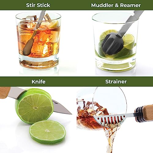 GAM Mixology Bartender Personalized Cocktail Multi Tool Silver Wood Bar Tools Engraved Set for Drink Mixing - Bar Tools: Corkscrew, Jigger, Strainer, Bar Mixer Spoon, Tongs, Opener Bartender Gift Idea