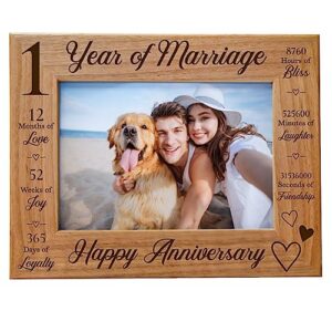 cedar crate market 1st wedding anniversary picture frame - 1 year anniversary, 1 year of marriage, engraved wood photo frame fits a 5x7 horizontal landscape, tabletop or hanging wedding frame