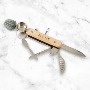 GAM Mixology Bartender Personalized Cocktail Multi Tool Silver Wood Bar Tools Engraved Set for Drink Mixing - Bar Tools: Corkscrew, Jigger, Strainer, Bar Mixer Spoon, Tongs, Opener Bartender Gift Idea