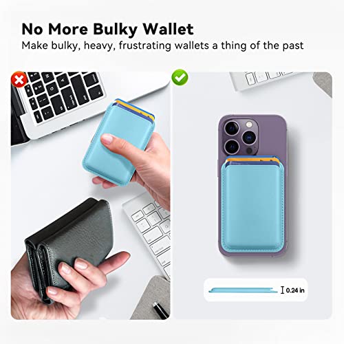 Magnetic Wallet Card Holder with Mag Safe, Mag-Safe Leather Phone Wallet for iPhone 14 13 12 Pro/Pro Max/Plus/Mini Mag Safe Case, Magnetic Card Holder for Back of iPhone 14/13/12 Series, Light Blue