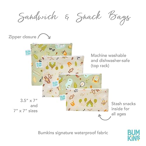 Bumkins Reusable Sandwich and Snack Bags, for Kids Lunch Bags and for Adults, Washable Fabric, Cloth Zip Bag, Dishwasher-Safe, Food-Safe, Safety Tested (4-Pack)