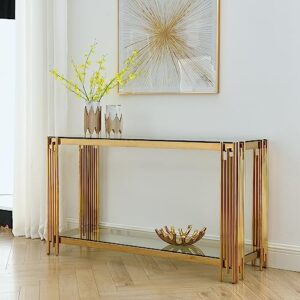 55" gold console table, modern glass sofa table with polished golden stainless steel frame and clear tempered glass top, for living room entryway bedroom