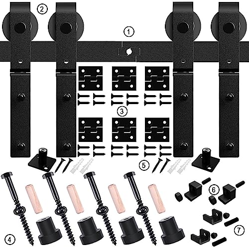 TSMST 7.5ft/88 Bi-Folding Sliding Barn Door Hardware Track Kit for 4 Doors,Heavy Duty Sturdy Bifold Barn Door Hardware Kit,Easy to Assemble,Smoothly and Quietly,J Shape(No Door)