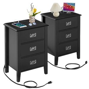 vecelo nightstands set of 2 with charging station end bedside tables with 3 storage for bedroom, living room, vintage accent furniture, solid wood legs, three drawers, black